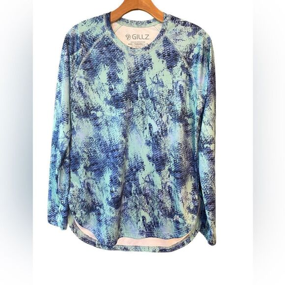 Gillz Sz L Blue Green Fish Scale Pattern Outdoor Fishing Surfing Sun Fabric Top - Picture 1 of 6